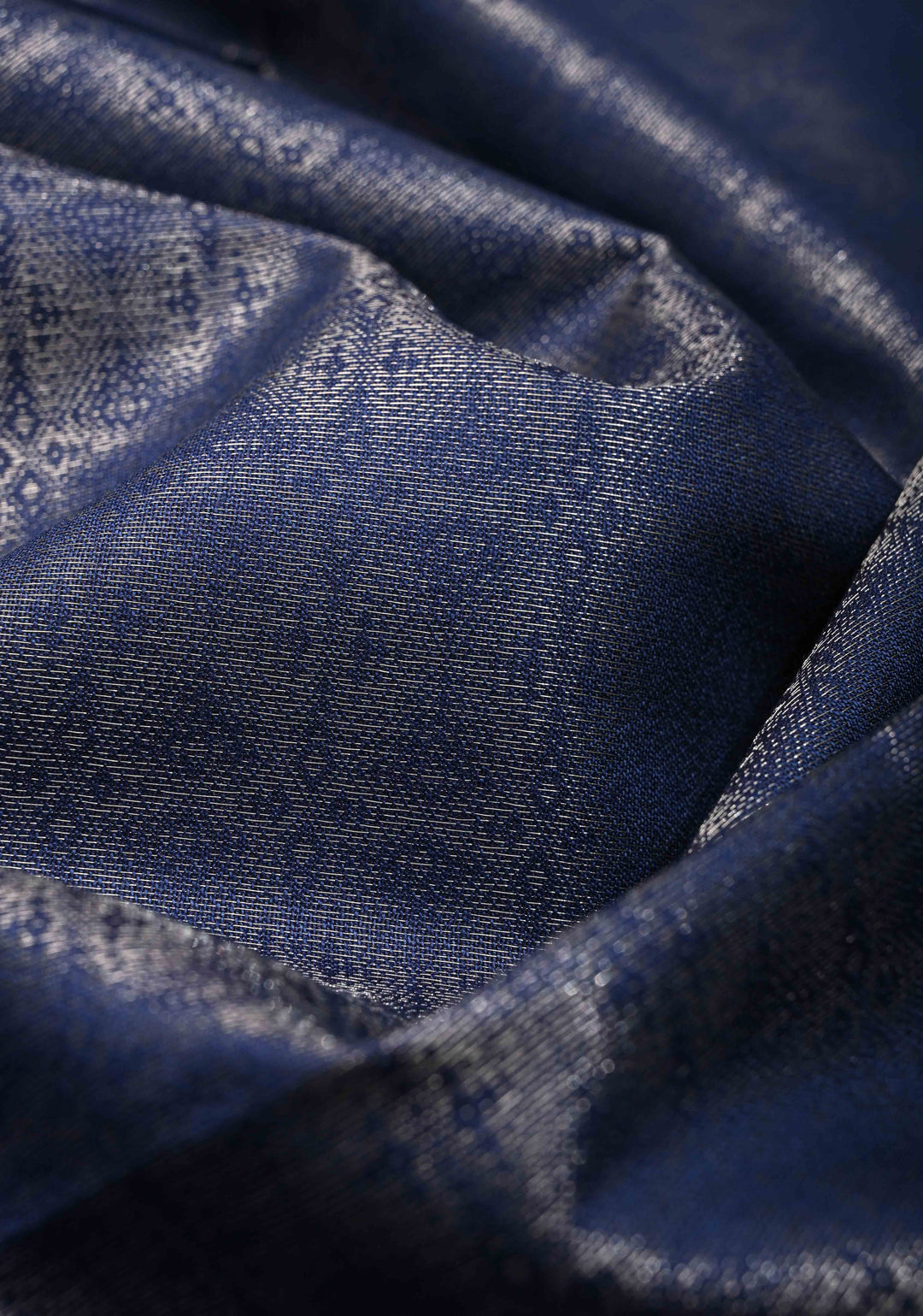 Navy Blue Semi Tussar Tissue Saree with Contrast Silver Zari Border | SHOBITAM