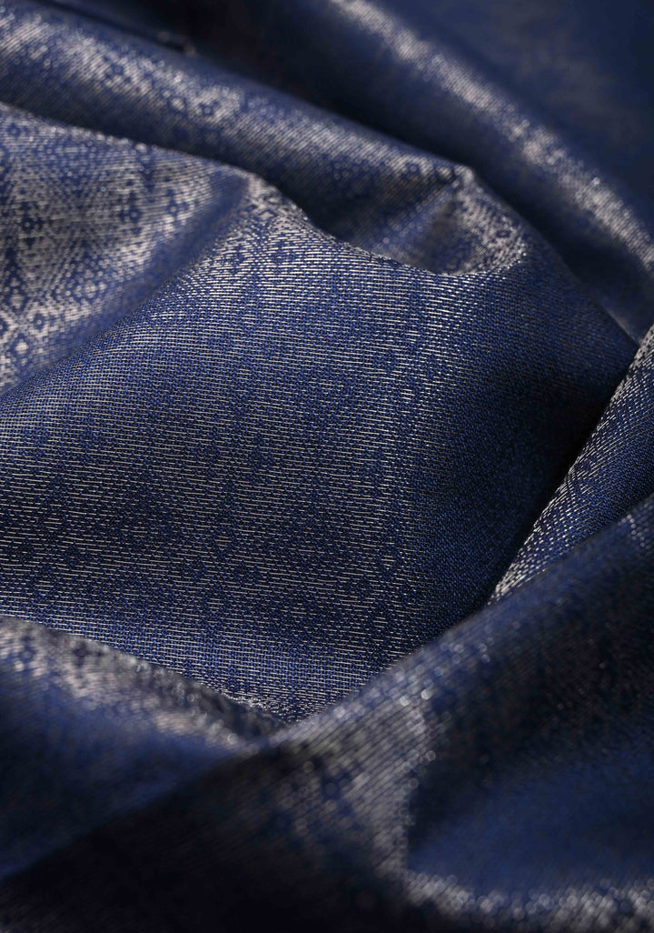 Navy Blue Semi Tussar Tissue Saree with Contrast Silver Zari Border | SHOBITAM