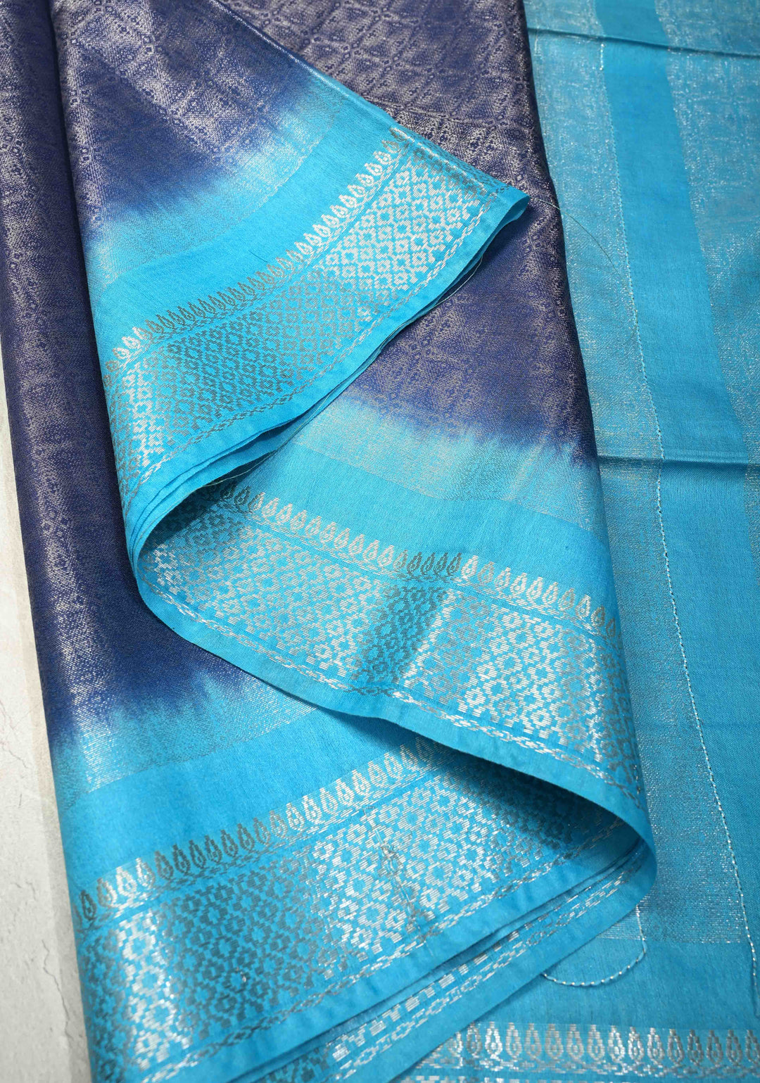Navy Blue Semi Tussar Tissue Saree with Contrast Silver Zari Border | SHOBITAM