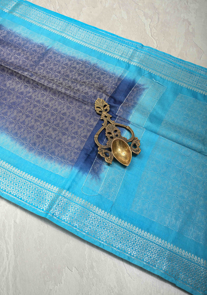 Navy Blue Semi Tussar Tissue Saree with Contrast Silver Zari Border | SHOBITAM