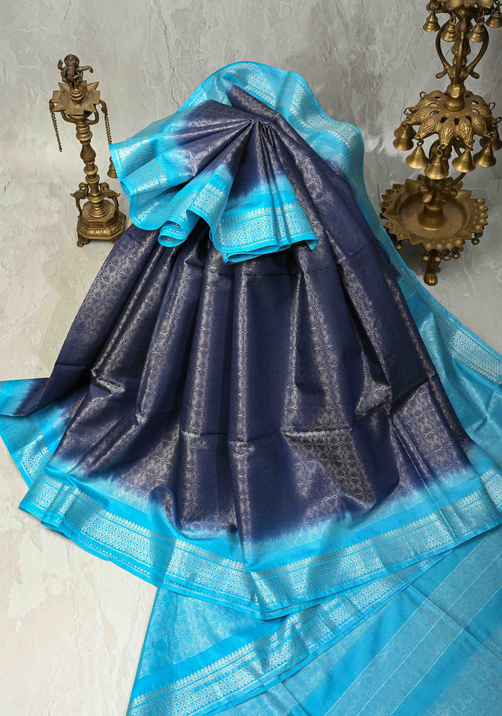 Navy Blue Semi Tussar Tissue Saree with Contrast Silver Zari Border | SHOBITAM