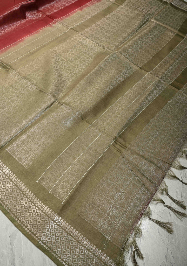 Brick Red Semi Tussar Tissue Saree with Zari Border