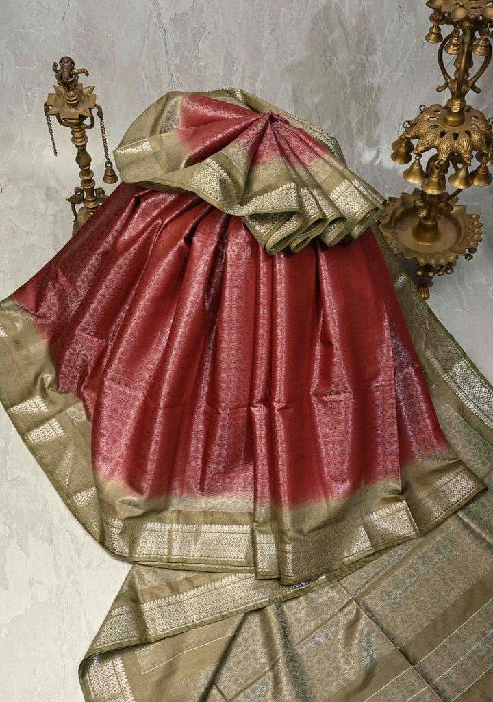 Brick Red Semi Tussar Tissue Saree with Zari Border