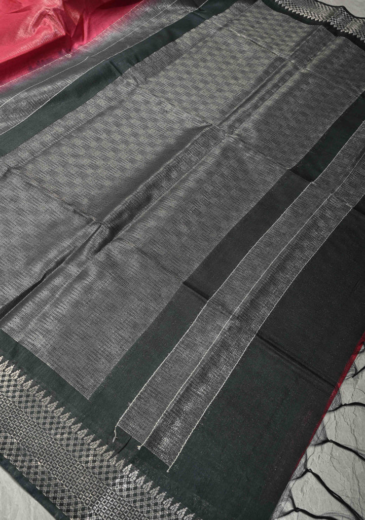 Raspberry Semi Tussar Tissue Saree with Contrast Zari Border and Pallu