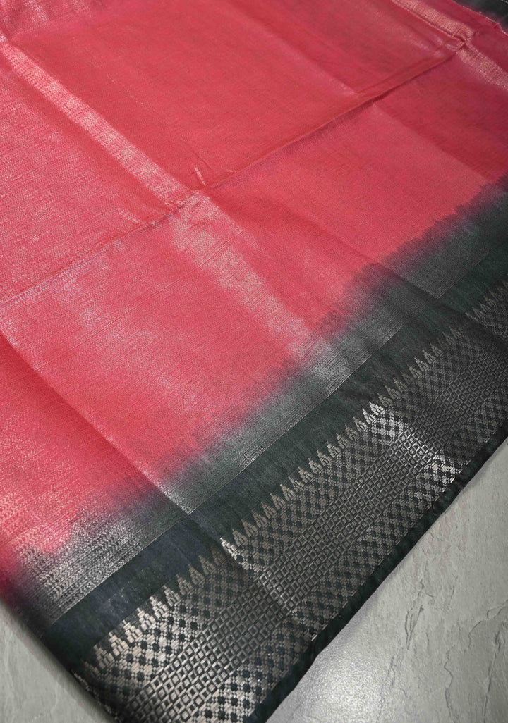 Raspberry Semi Tussar Tissue Saree with Contrast Zari Border and Pallu