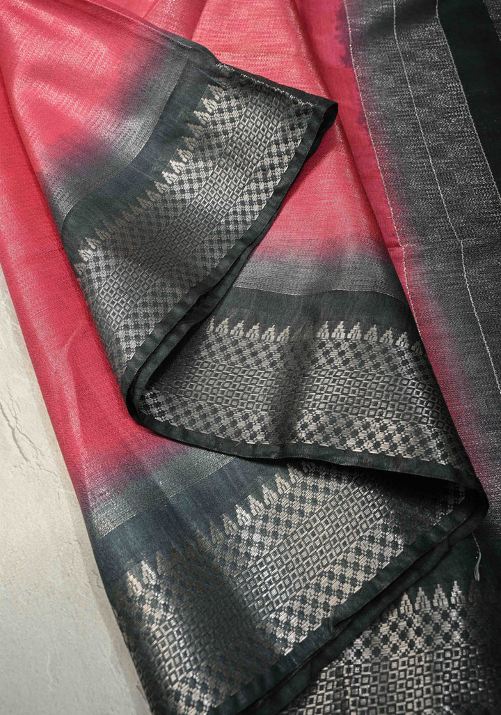 Raspberry Semi Tussar Tissue Saree with Contrast Zari Border and Pallu