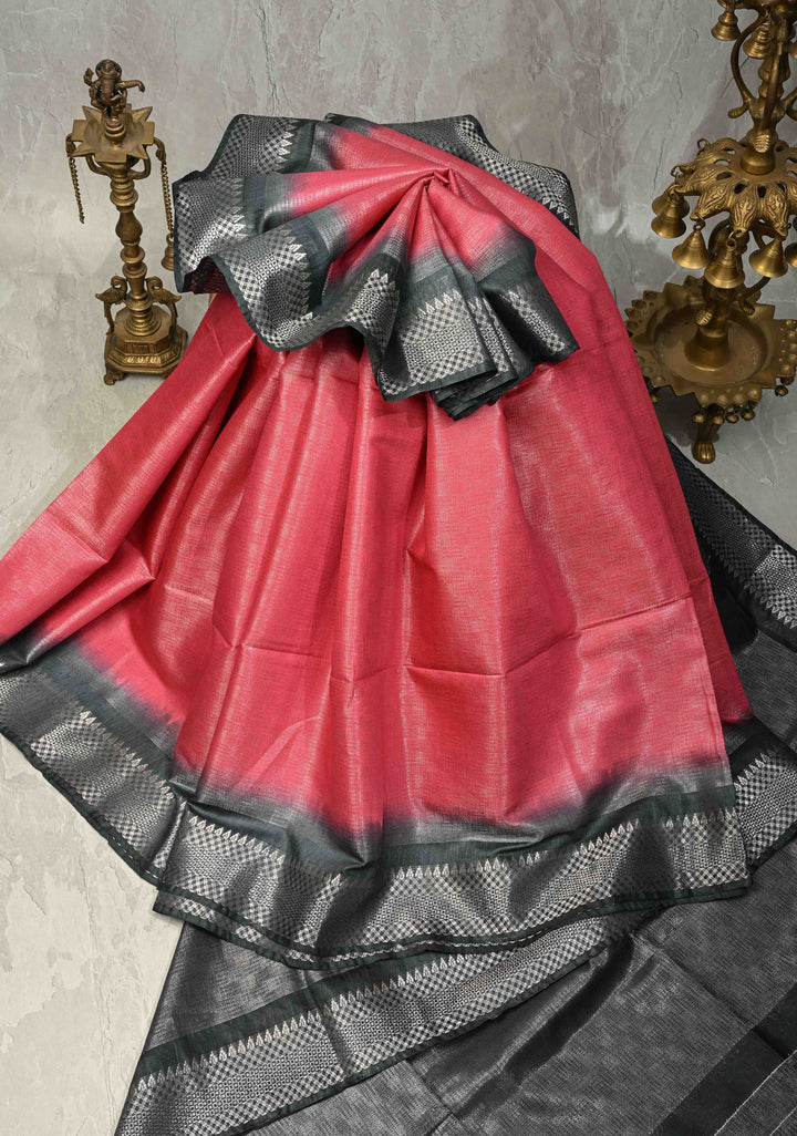 Raspberry Semi Tussar Tissue Saree with Contrast Zari Border and Pallu