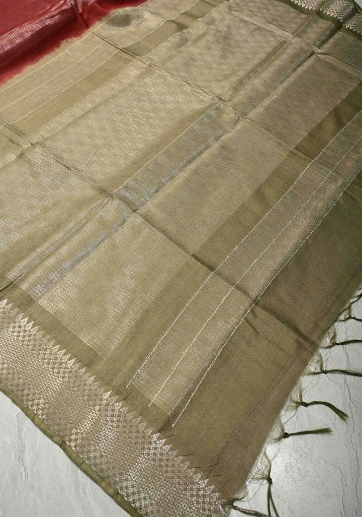 Brick Red Semi Tussar Tissue Saree with Contrast Zari Border