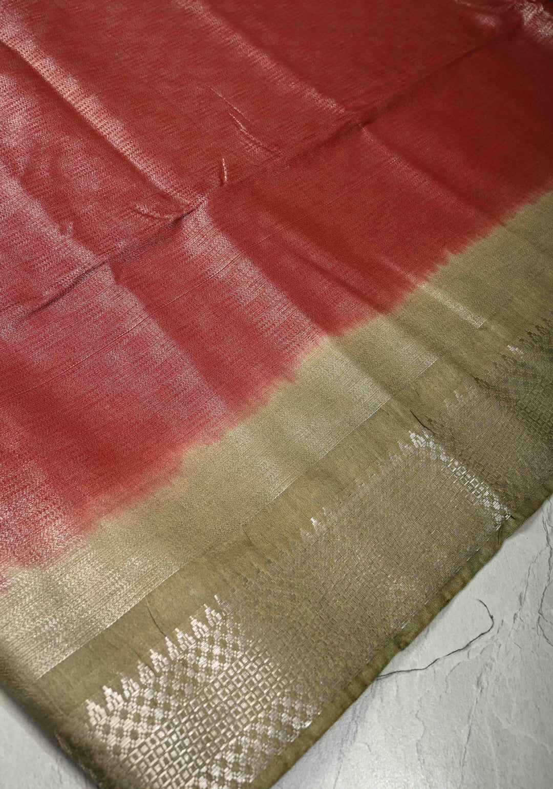 Brick Red Semi Tussar Tissue Saree with Contrast Zari Border
