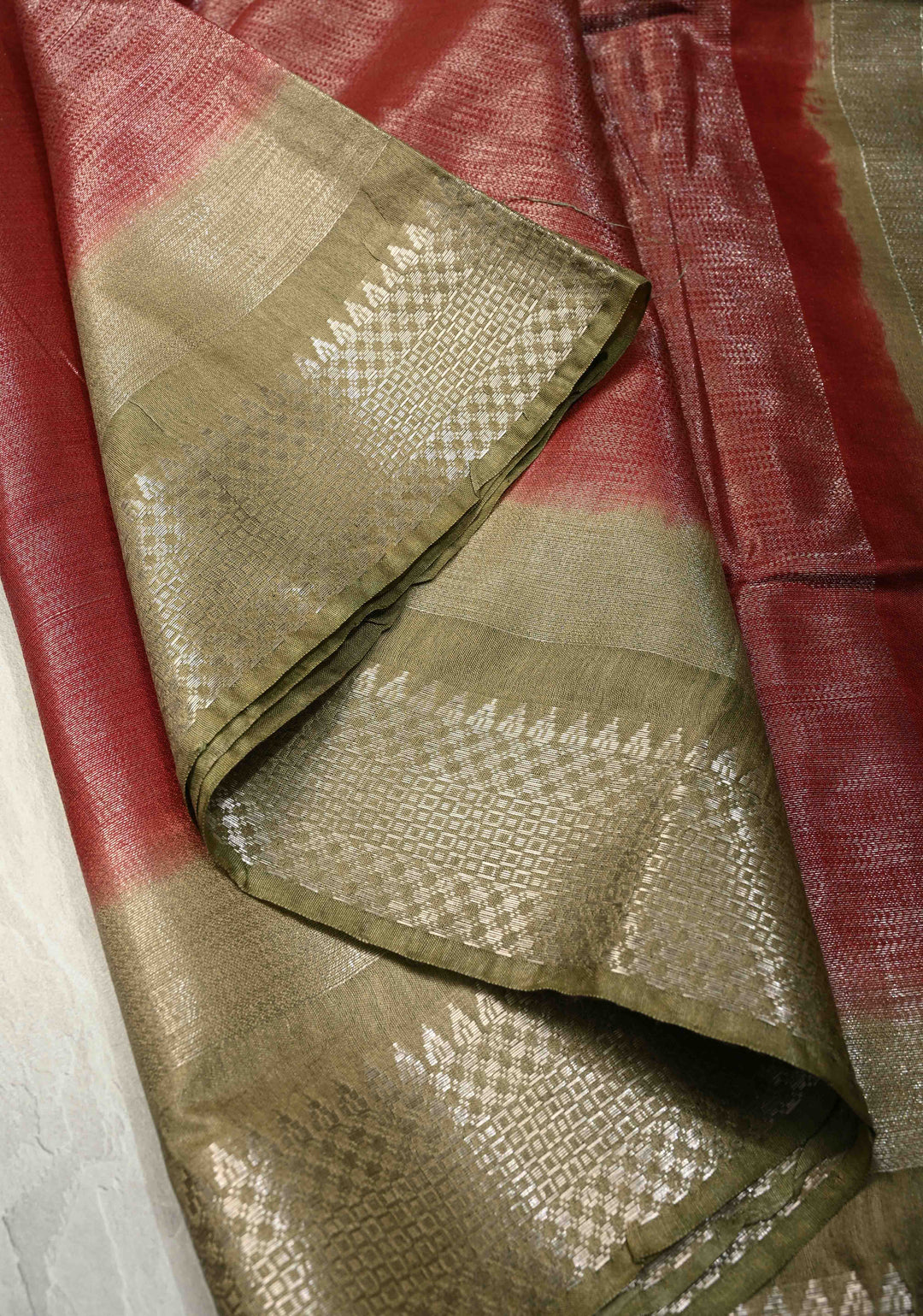 Brick Red Semi Tussar Tissue Saree with Contrast Zari Border