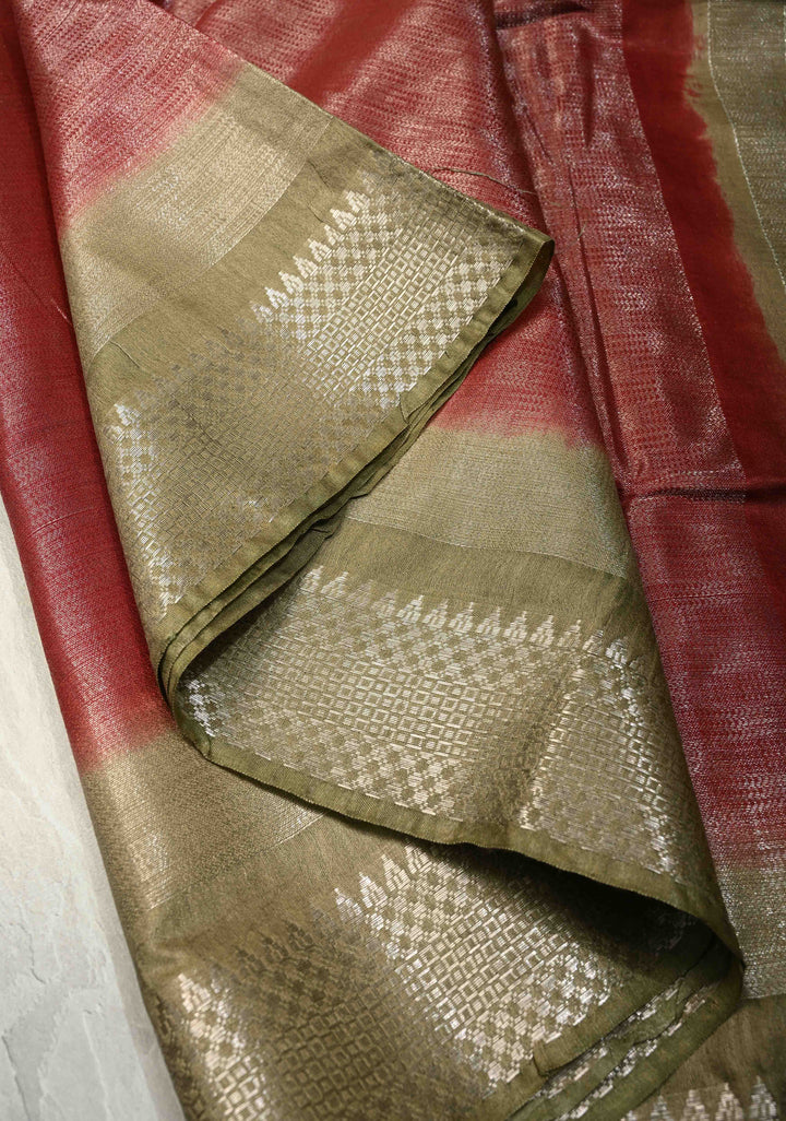 Brick Red Semi Tussar Tissue Saree with Contrast Zari Border