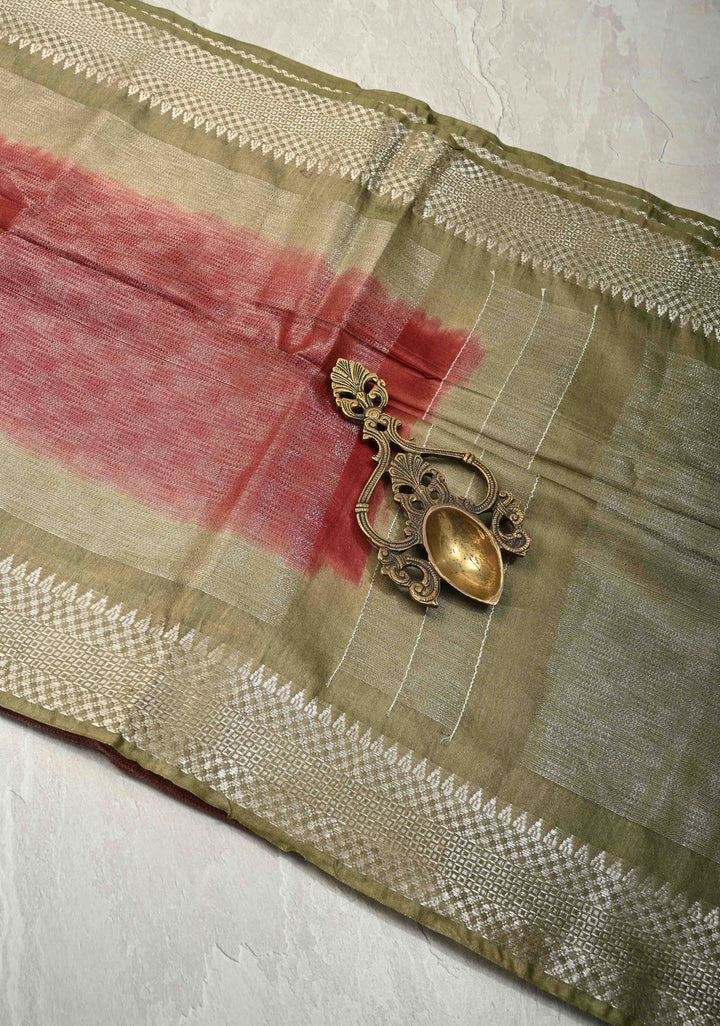 Brick Red Semi Tussar Tissue Saree with Contrast Zari Border