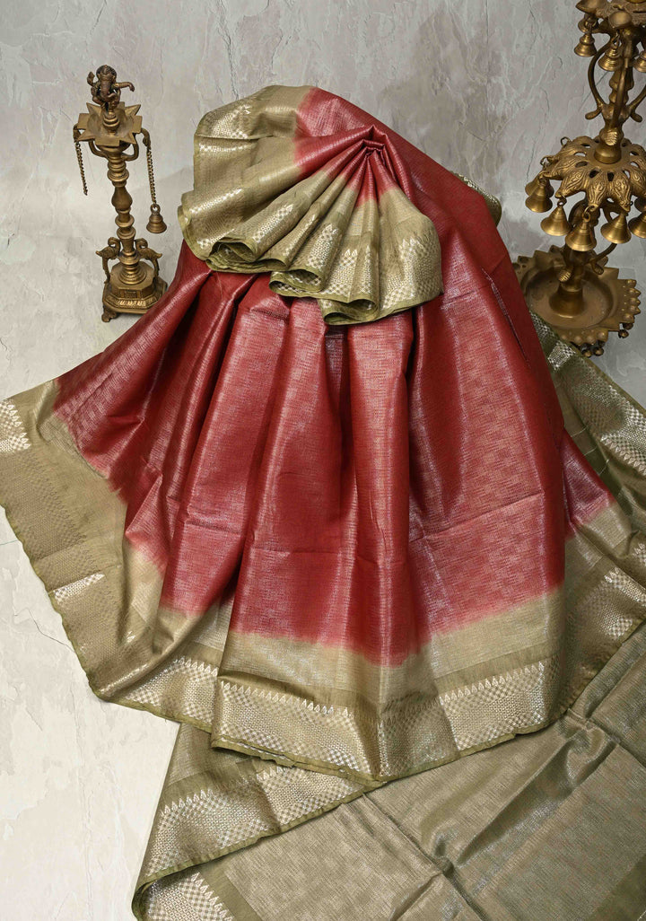 Brick Red Semi Tussar Tissue Saree with Contrast Zari Border