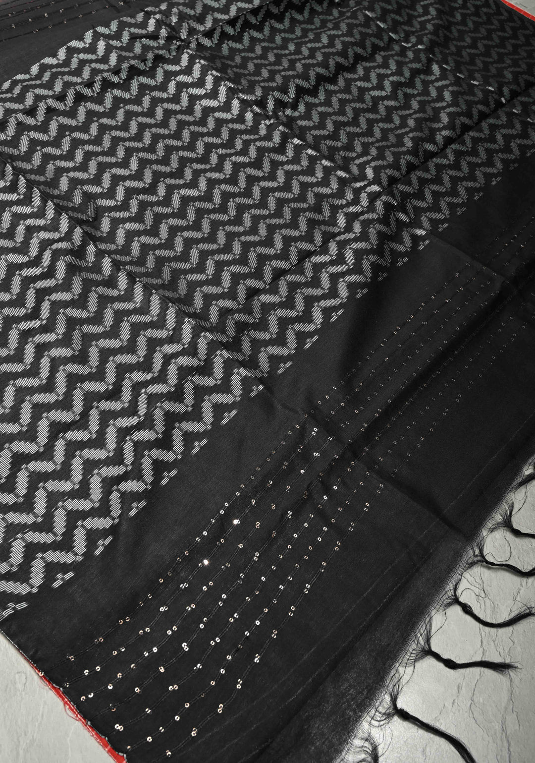 Vermilion Red Borderless Semi Tussar Saree with Thread Horizontal Stripes and Contrast Sequins Pallu