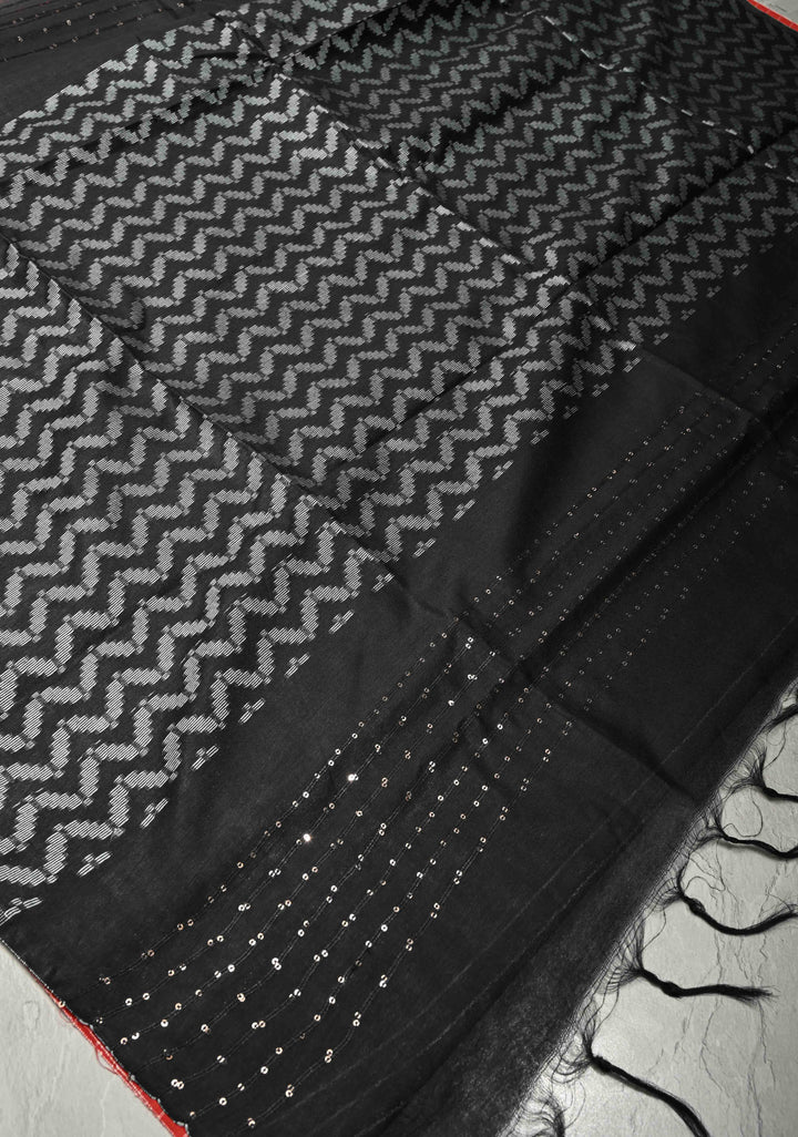 Vermilion Red Borderless Semi Tussar Saree with Thread Horizontal Stripes and Contrast Sequins Pallu