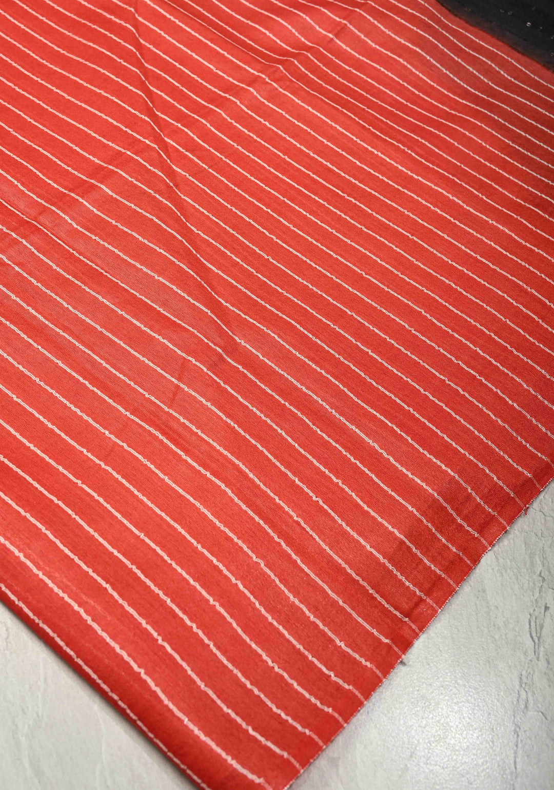 Vermilion Red Borderless Semi Tussar Saree with Thread Horizontal Stripes and Contrast Sequins Pallu