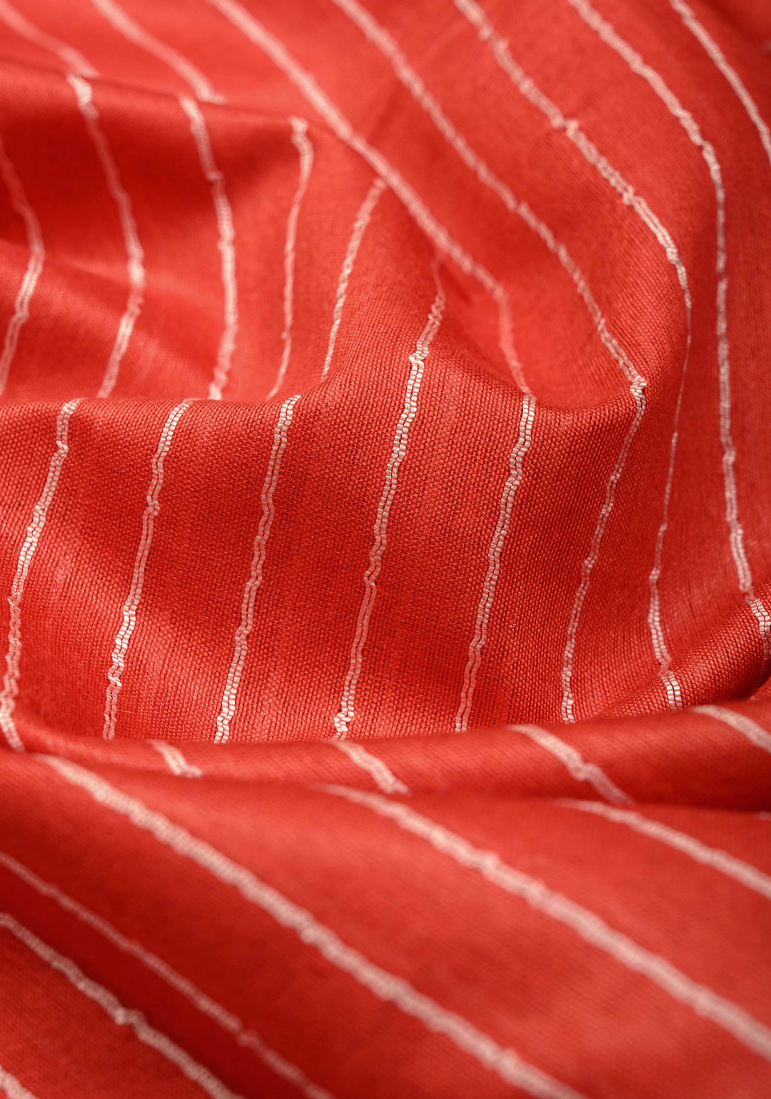 Vermilion Red Borderless Semi Tussar Saree with Thread Horizontal Stripes and Contrast Sequins Pallu