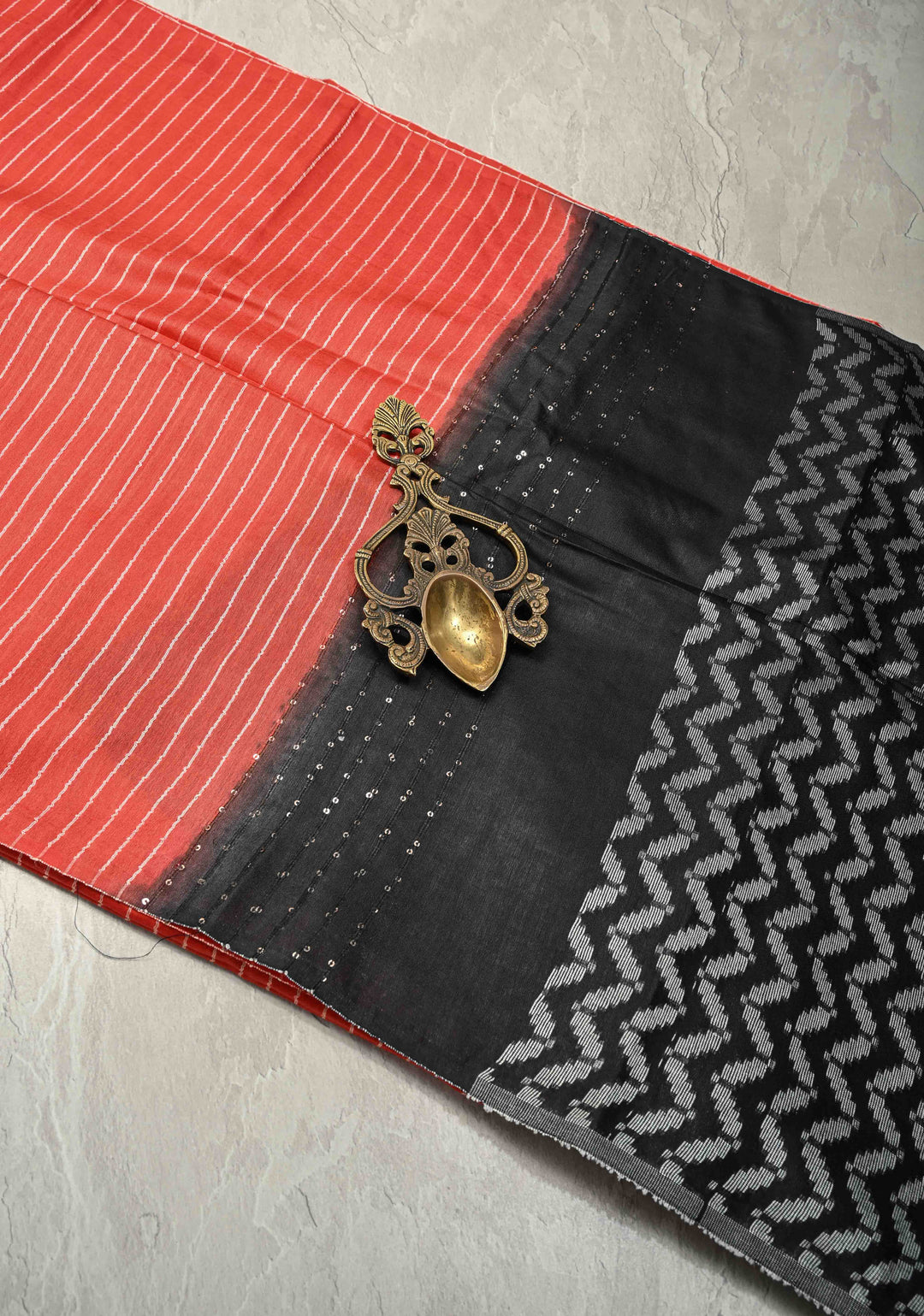 Vermilion Red Borderless Semi Tussar Saree with Thread Horizontal Stripes and Contrast Sequins Pallu