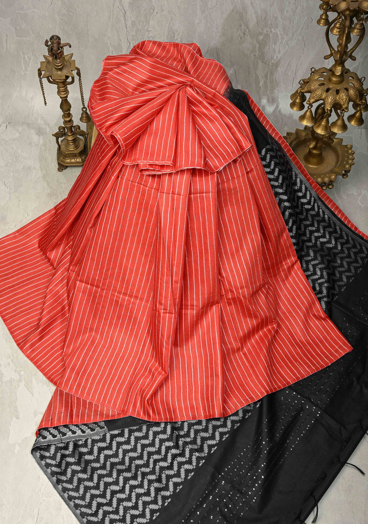 Vermilion Red Borderless Semi Tussar Saree with Thread Horizontal Stripes and Contrast Sequins Pallu