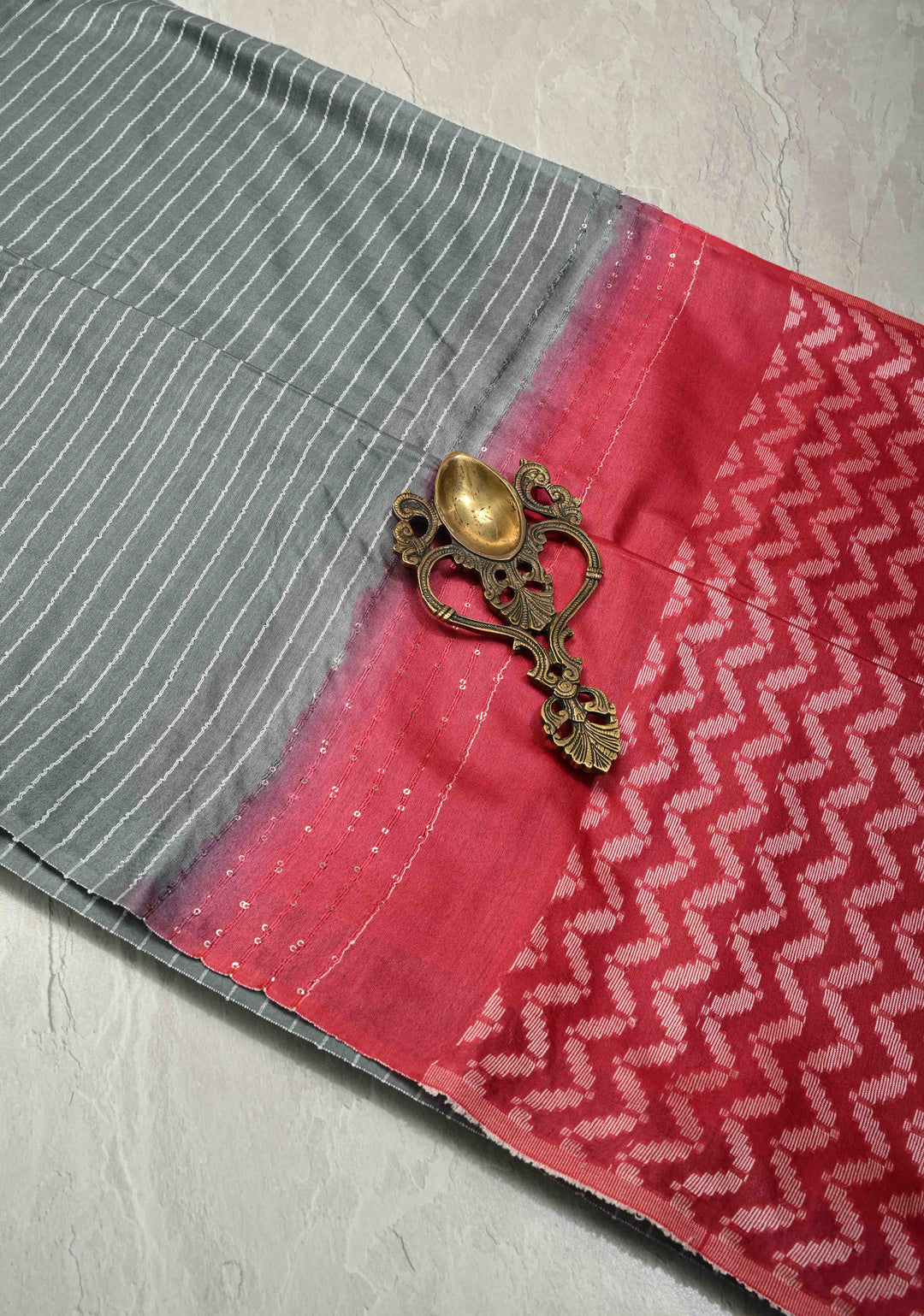 Slate Gray Borderless Horizontal stripes Semi Tussar Saree with Pocket Sequins Detailing and Contrast Pallu