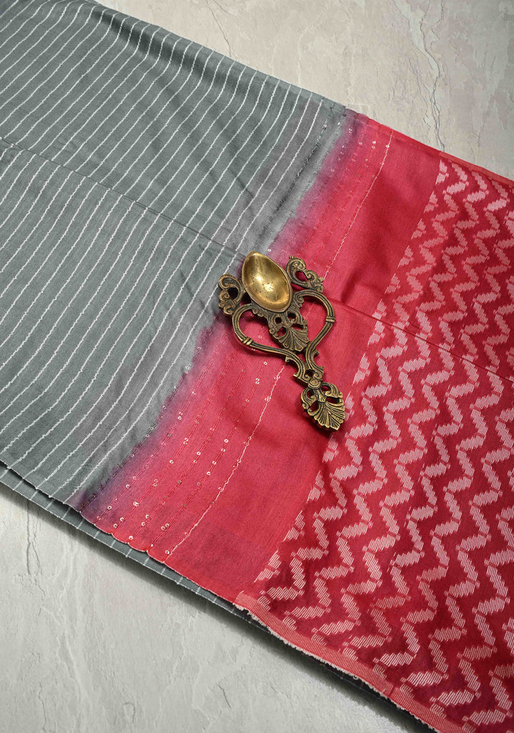 Slate Gray Borderless Horizontal stripes Semi Tussar Saree with Pocket Sequins Detailing and Contrast Pallu