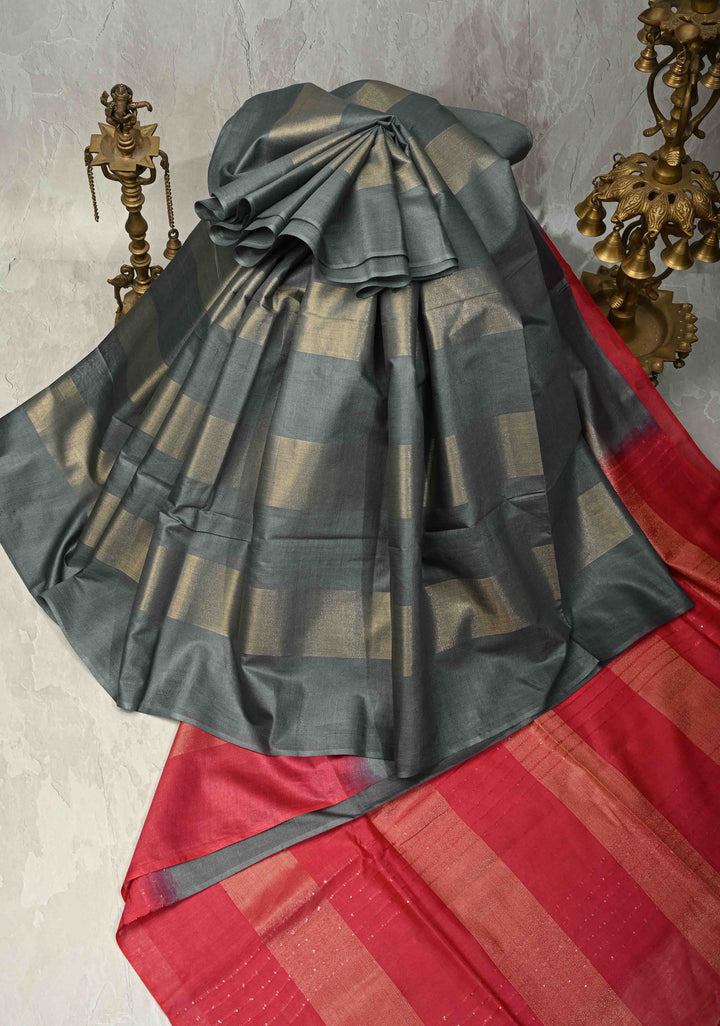 Gray Borderless Semi Tussar Saree with Muted Tissue Panel and Contrast Sequins Pallu