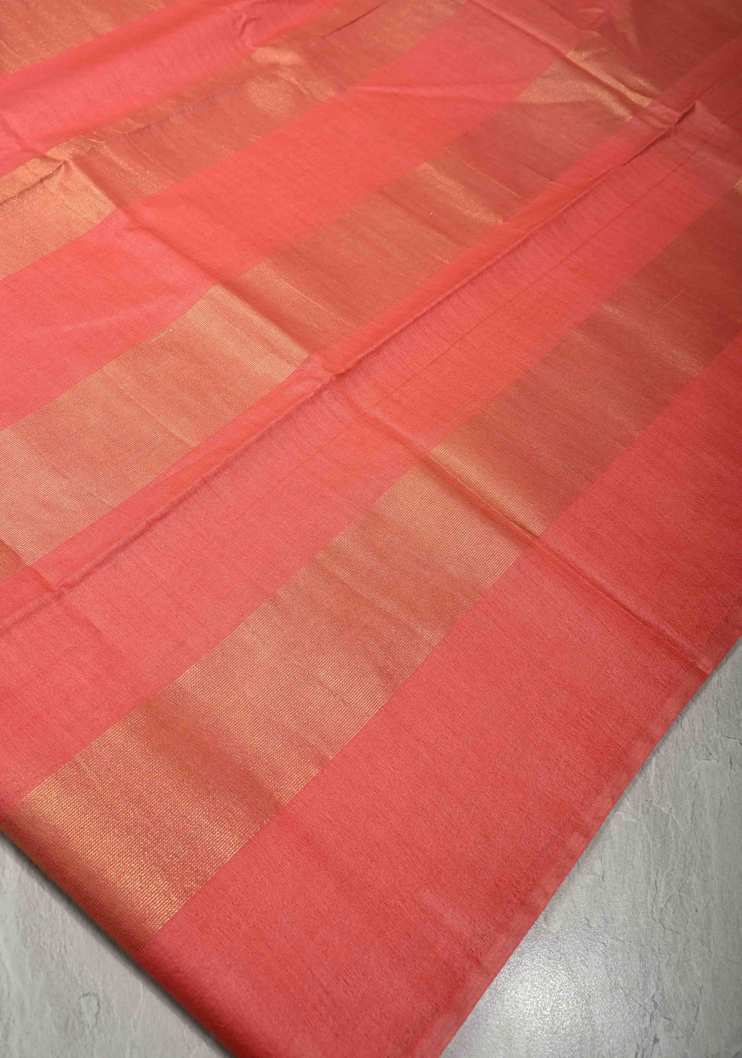 Salmon Pink Borderless Semi Tussar Saree with Muted Tissue Panel and Contrast Sequins Pallu