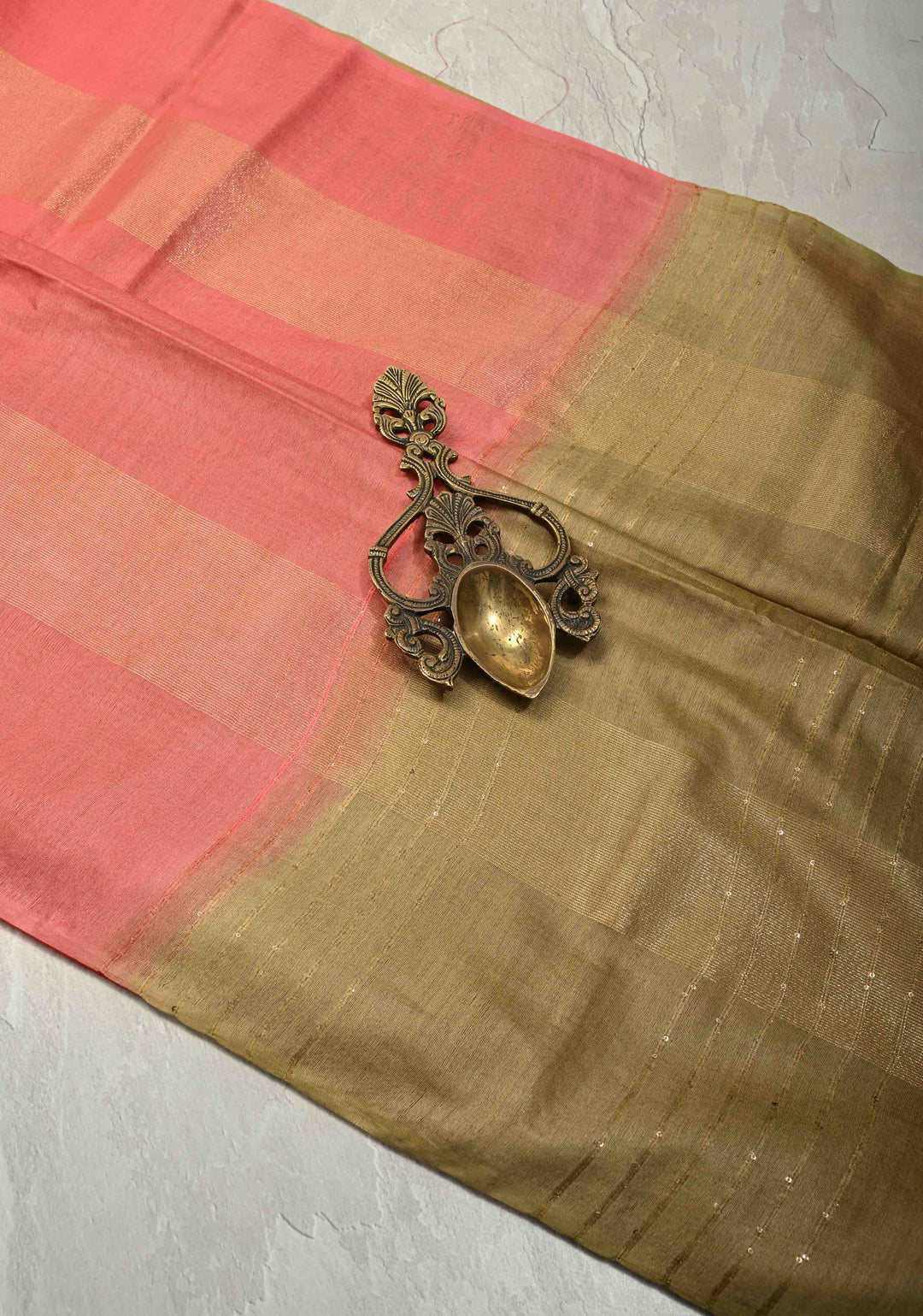 Salmon Pink Borderless Semi Tussar Saree with Muted Tissue Panel and Contrast Sequins Pallu