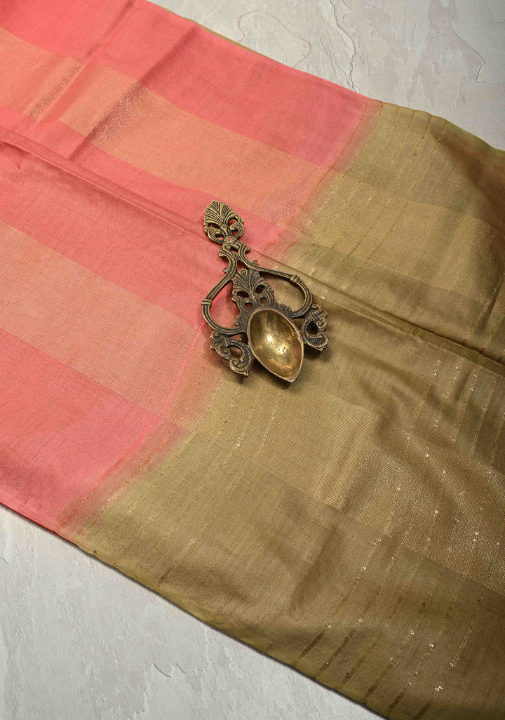 Salmon Pink Borderless Semi Tussar Saree with Muted Tissue Panel and Contrast Sequins Pallu