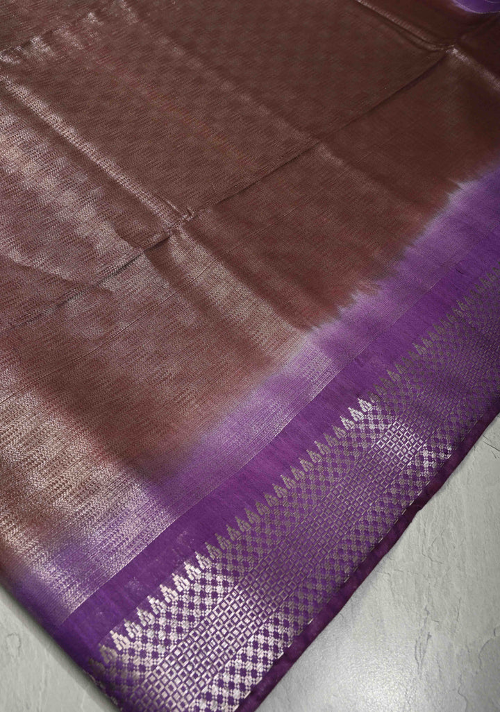 Brown Semi Tussar Tissue Saree with Contrast Zari Border and Pallu