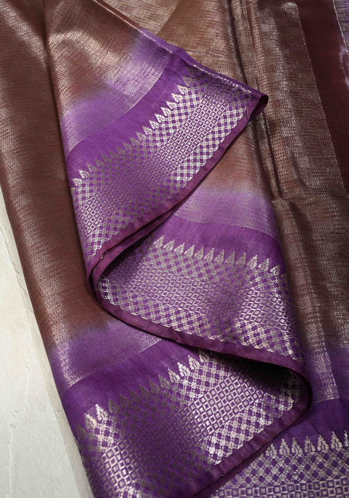 Brown Semi Tussar Tissue Saree with Contrast Zari Border and Pallu