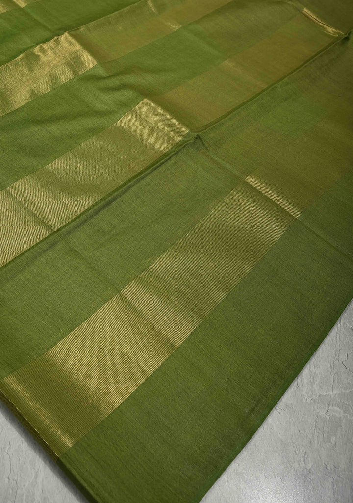 Sap Green Borderless Semi Tussar Saree with Muted Tissue Panel and Contrast Sequins Pallu