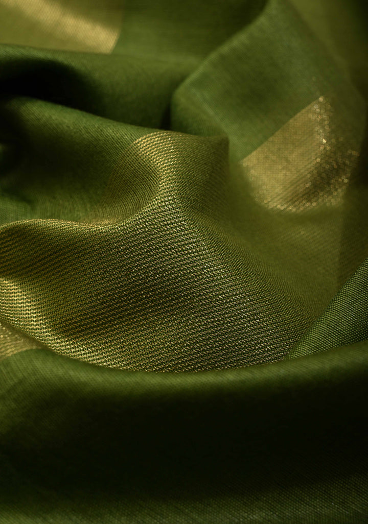 Sap Green Borderless Semi Tussar Saree with Muted Tissue Panel and Contrast Sequins Pallu