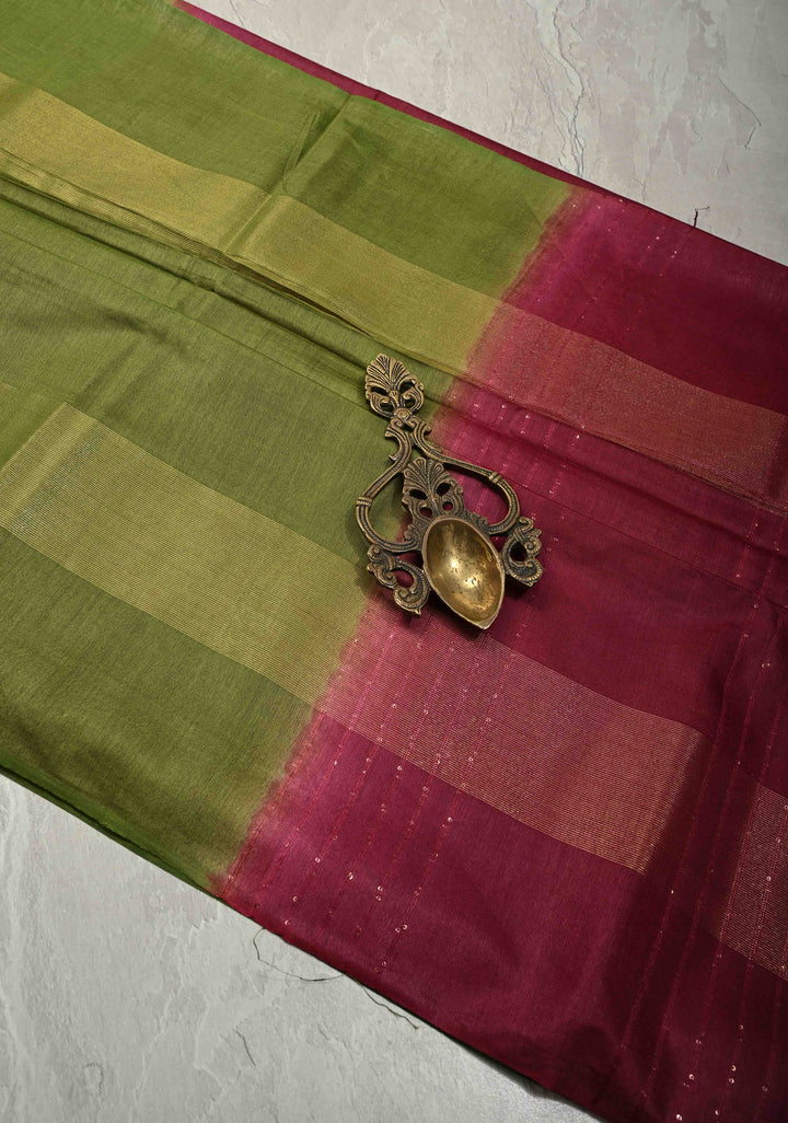 Sap Green Borderless Semi Tussar Saree with Muted Tissue Panel and Contrast Sequins Pallu