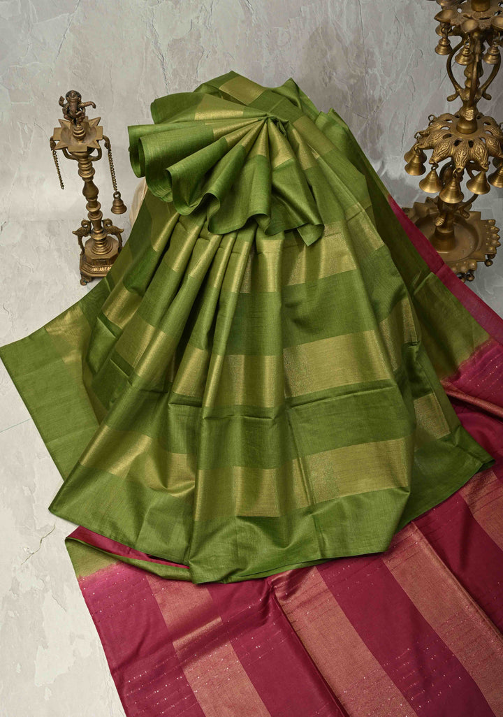 Sap Green Borderless Semi Tussar Saree with Muted Tissue Panel and Contrast Sequins Pallu