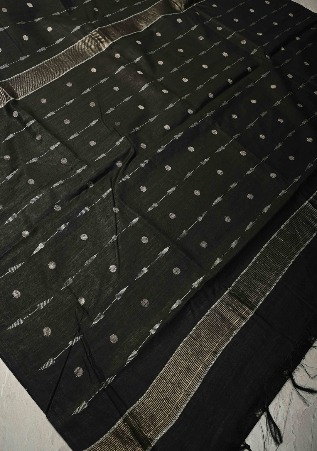 Black Borderless Semi Tussar Saree with Zari Polka Dots and Thread Stripes | SHOBITAM