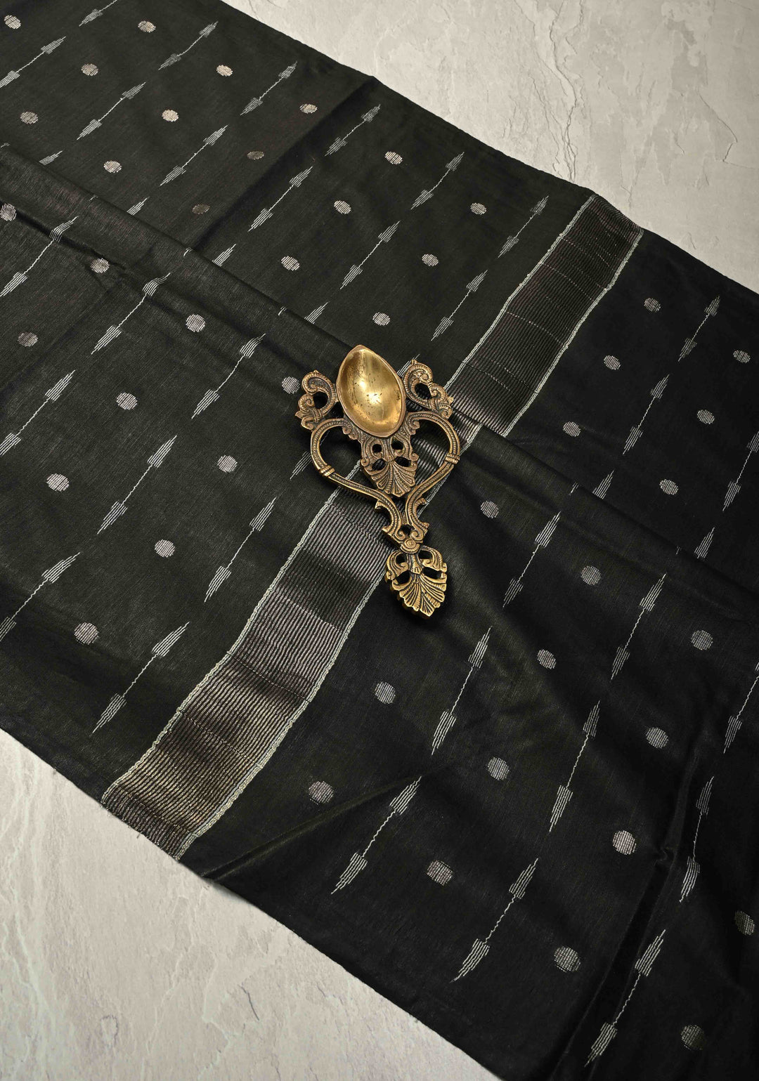 Black Borderless Semi Tussar Saree with Zari Polka Dots and Thread Stripes | SHOBITAM