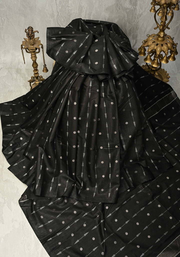 Black Borderless Semi Tussar Saree with Zari Polka Dots and Thread Stripes | SHOBITAM