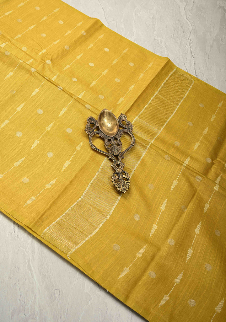 Mustard Yellow Borderless Semi Tussar Saree with Zari Polka Dots and Thread Stripes | SHOBITAM