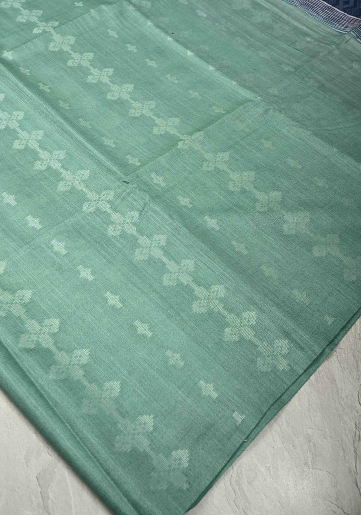 Seafoam Green Borderless Semi Tussar Saree with Thread Stripes-Buttas and Contrast Pallu | SHOBITAM