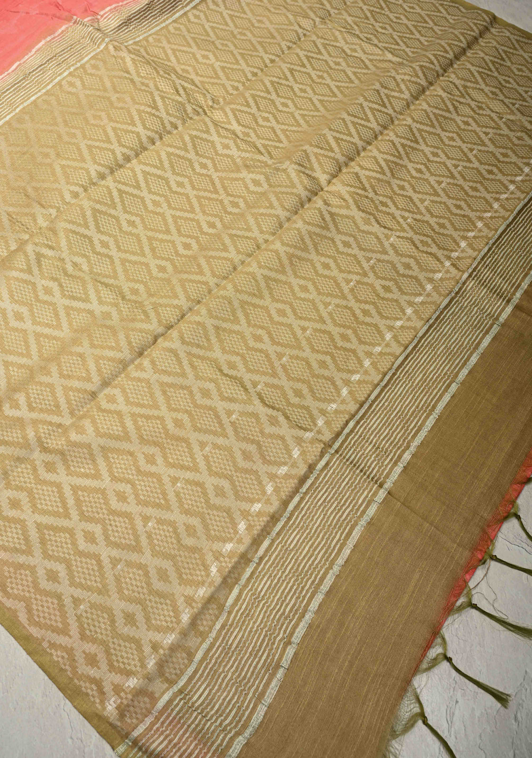 Salmon Pink Borderless Semi Tussar Saree with Thread Stripes-Buttas and Contrast Pallu | SHOBITAM