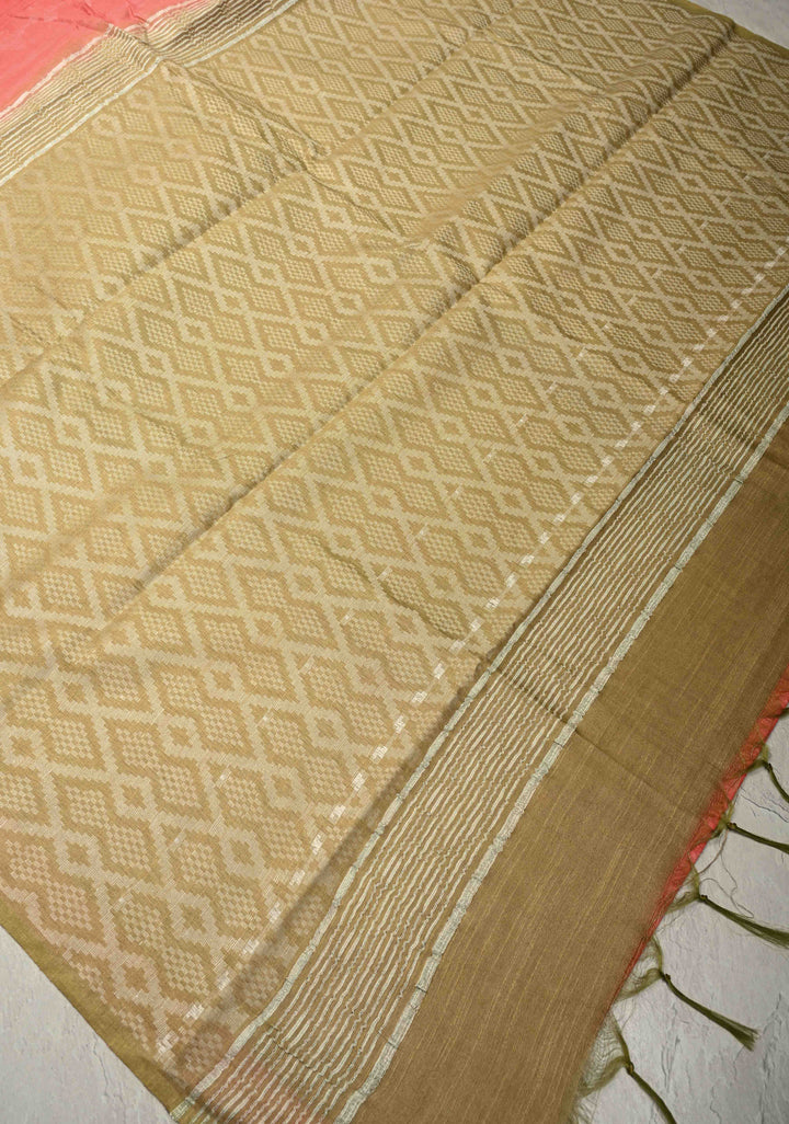 Salmon Pink Borderless Semi Tussar Saree with Thread Stripes-Buttas and Contrast Pallu | SHOBITAM