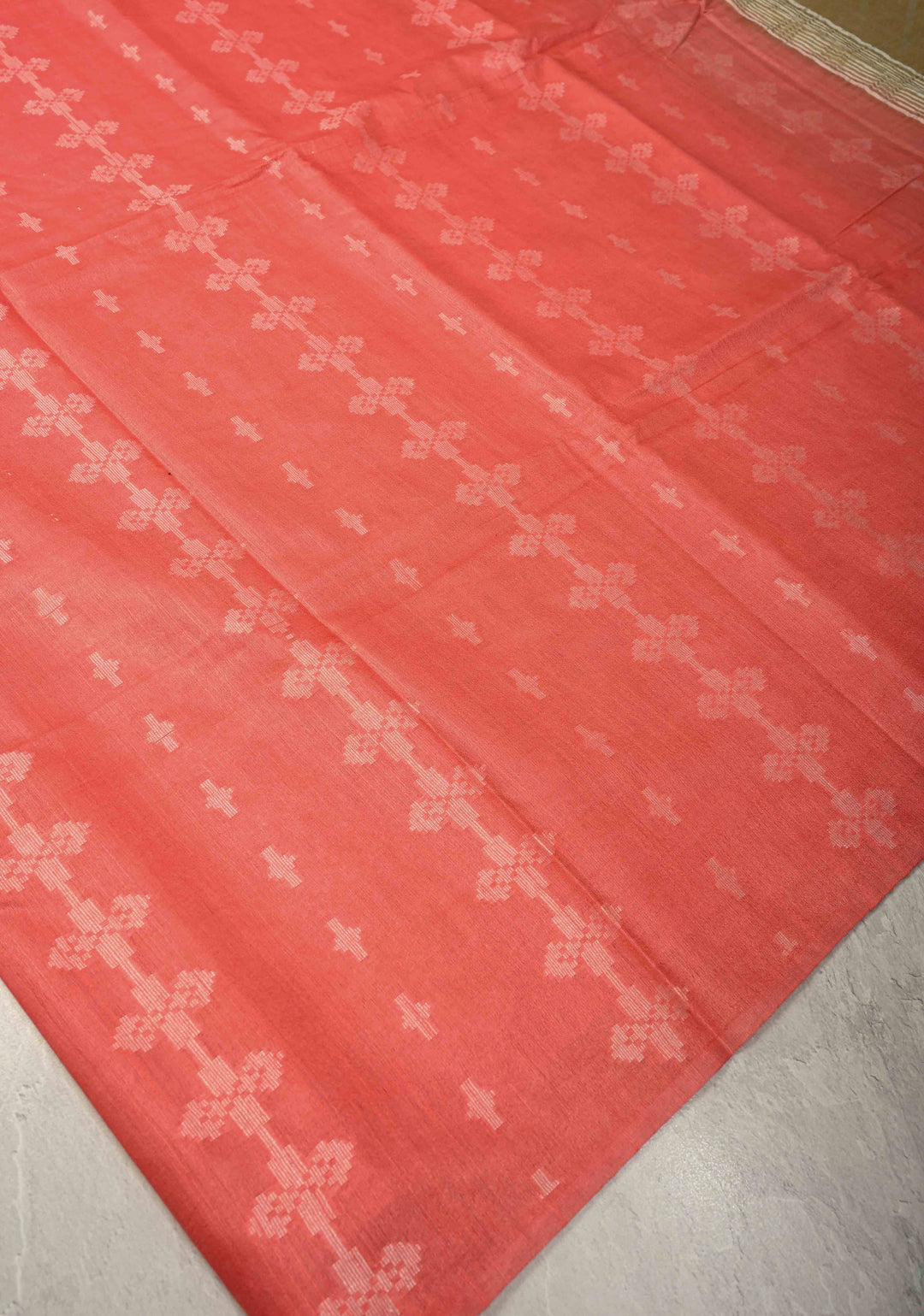 Salmon Pink Borderless Semi Tussar Saree with Thread Stripes-Buttas and Contrast Pallu | SHOBITAM