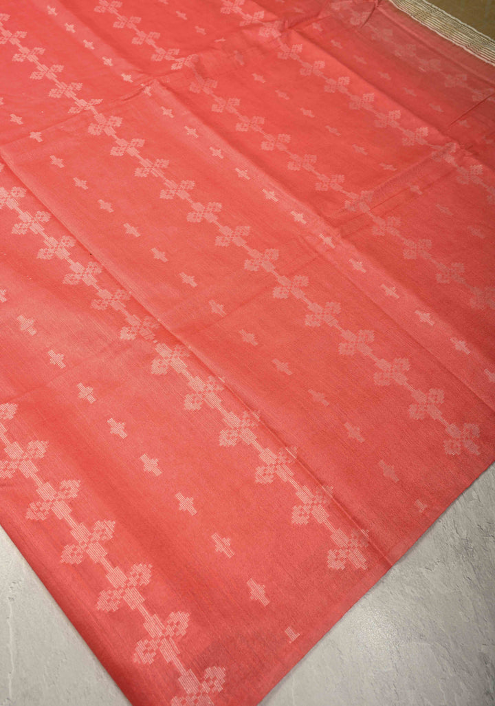 Salmon Pink Borderless Semi Tussar Saree with Thread Stripes-Buttas and Contrast Pallu | SHOBITAM