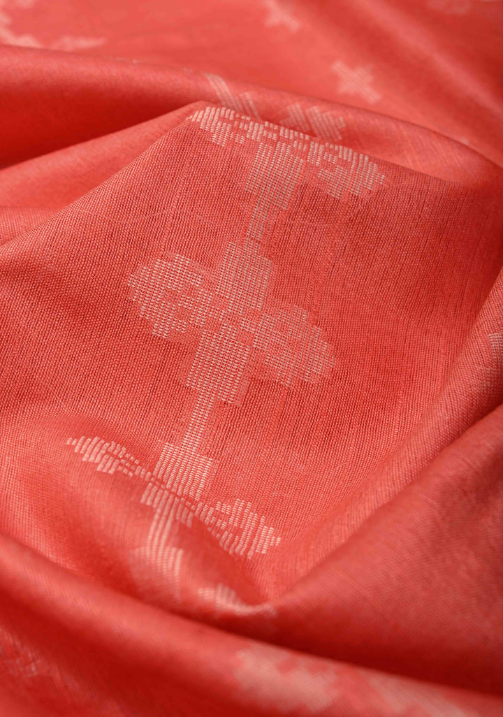 Salmon Pink Borderless Semi Tussar Saree with Thread Stripes-Buttas and Contrast Pallu | SHOBITAM