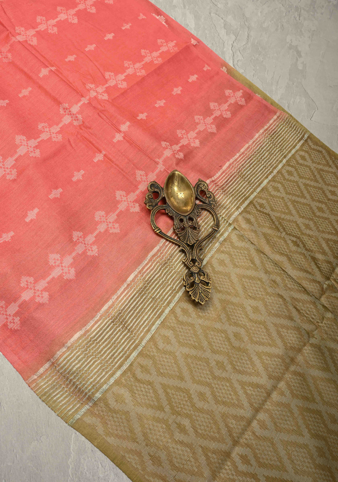 Salmon Pink Borderless Semi Tussar Saree with Thread Stripes-Buttas and Contrast Pallu | SHOBITAM