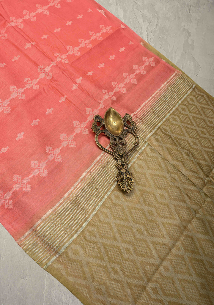 Salmon Pink Borderless Semi Tussar Saree with Thread Stripes-Buttas and Contrast Pallu | SHOBITAM