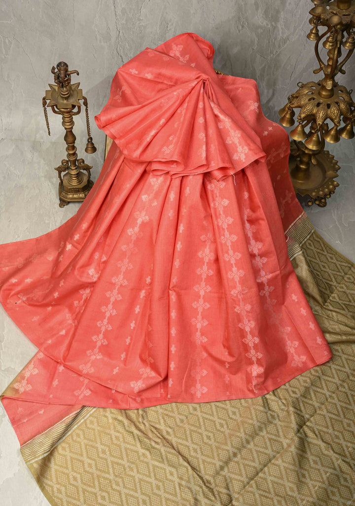 Salmon Pink Borderless Semi Tussar Saree with Thread Stripes-Buttas and Contrast Pallu | SHOBITAM