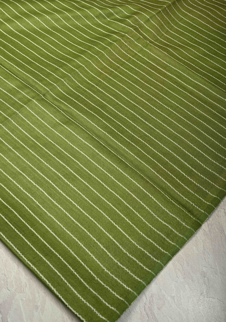 Sap Green Borderless Semi Tussar Saree with Thread Horizontal Stripes and Contrast Pallu | SHOBITAM