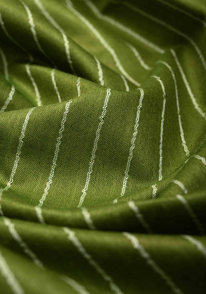 Sap Green Borderless Semi Tussar Saree with Thread Horizontal Stripes and Contrast Pallu | SHOBITAM